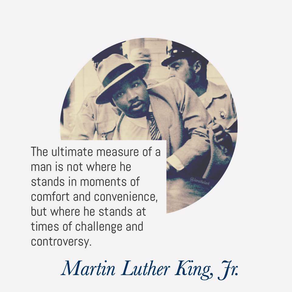 The ultimate measure of a man is not where he stands in moments of comfort or convenience, but where he stands at times of challenge or controversy. -Dr. Martin Luther King, Jr.