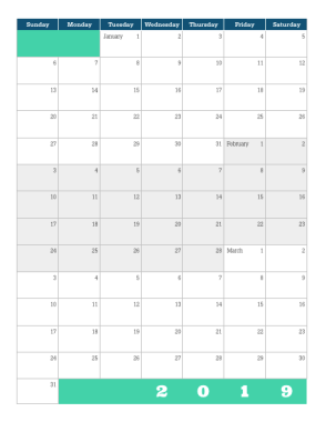 2019 Quarterly Calendar in Color