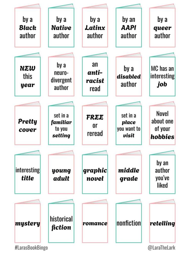 a 5 by 5 BINGO board where each space is a type of book to read. 